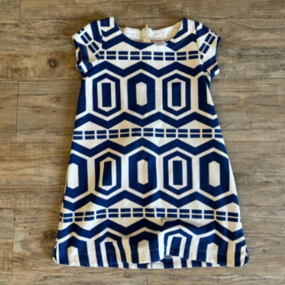 Gymboree Girls Navy & White Geometric Print Dress – Cap Sleeve Shift Style Small